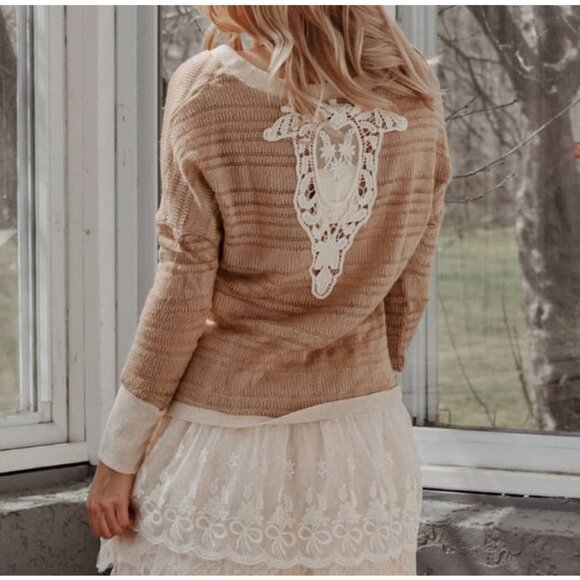 A'reve handmade crochet back lace ruffle cardigan tan cream - Picture 2 of 4